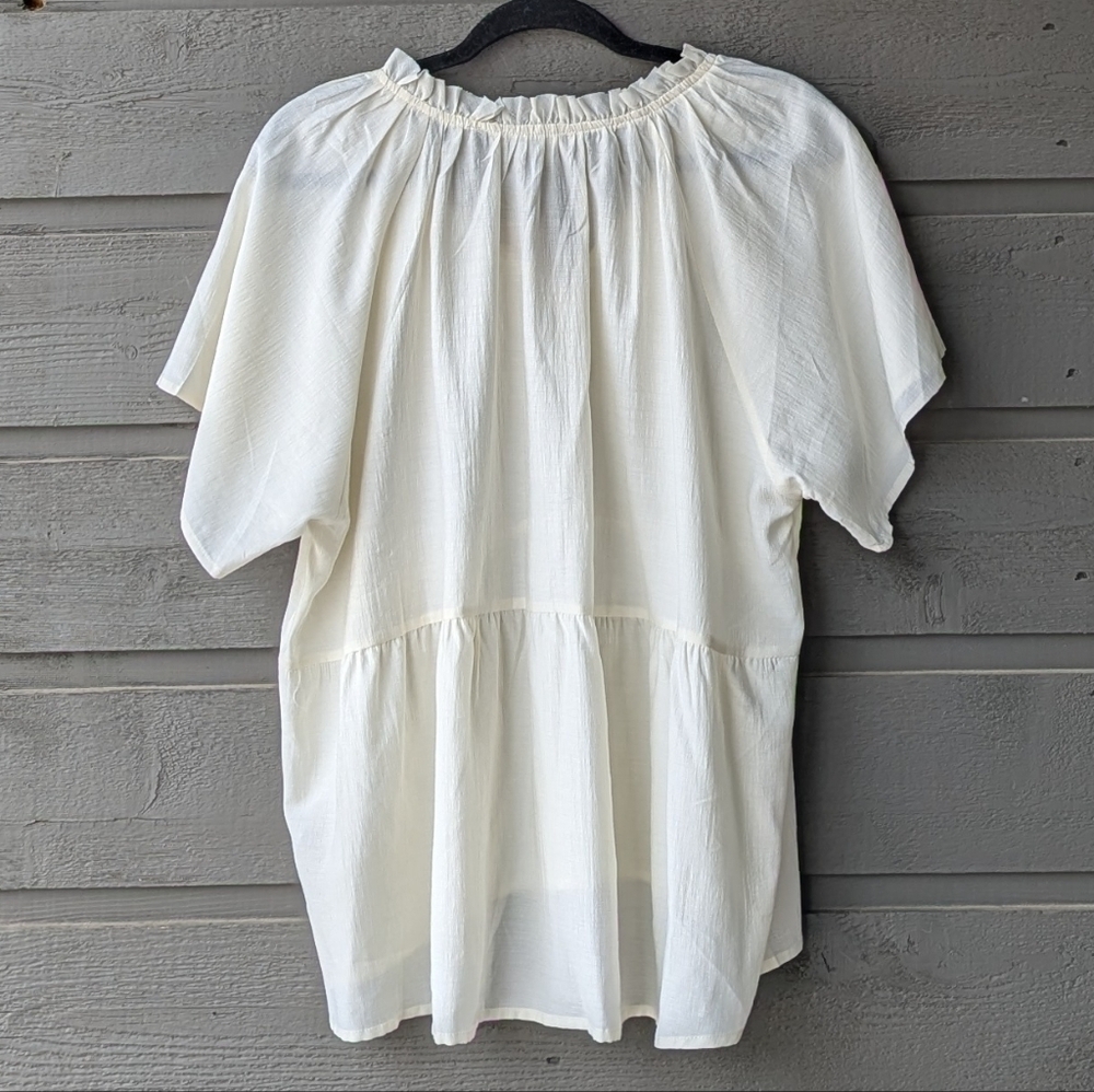 NWT Grade & Gather Ivory Tie Neck Short Sleeve Blouse Large Lightweight Flowy - Picture 6 of 8